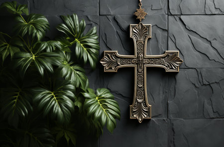 wood cross hanging on a palm leaf on abstract concrete background.の素材