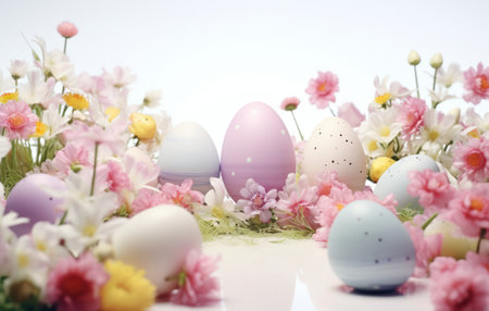 the colored easter eggs are placed around the frame.の素材