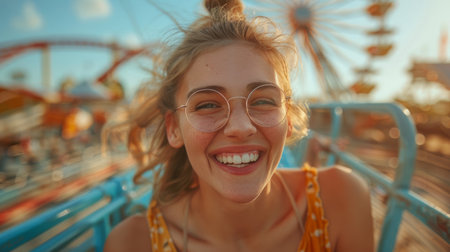 A woman wearing glasses smiling in front of a colorful carnival ride at an amusement park.の素材