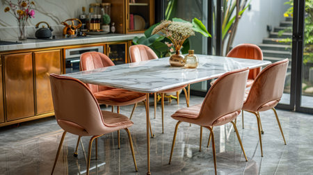 A luxurious marble dining table is surrounded by elegant pink velvet chairs, creating a chic and sophisticated dining area.の素材