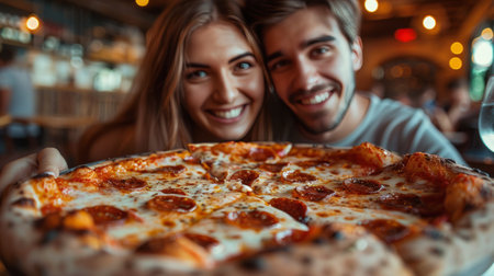 A man and a woman standing together, holding a large pizza with various toppings.の素材