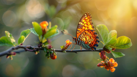 A butterfly perches on a tree branch, displaying its colorful wings under the sunlight.の素材