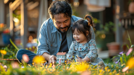 Father and daughter playing with toy house in garden. Happy family concept.の素材