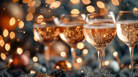 Several champagne glasses neatly arranged on a table, ready for a celebration or event.の素材