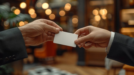 Two individuals holding a business card in their hands, showcasing collaboration and partnership in business.の素材