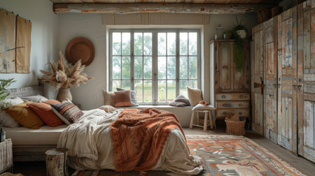 A bedroom featuring a bed and a window.の素材