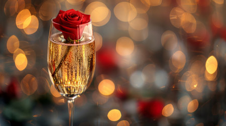 A detailed view of a wine glass containing a vibrant red rose, showing the delicate beauty of the flower against the glass.の素材