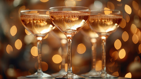 Several champagne glasses neatly arranged on a table, ready for a celebration or event.の素材