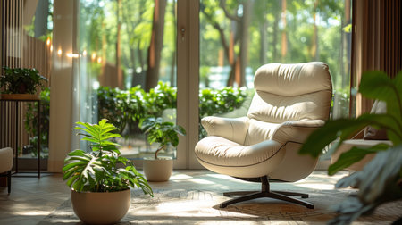 A white chair is placed neatly on top of a patterned rug in a modern living room.の素材