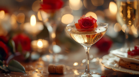 A detailed view of a wine glass containing a vibrant red rose, showing the delicate beauty of the flower against the glass.の素材