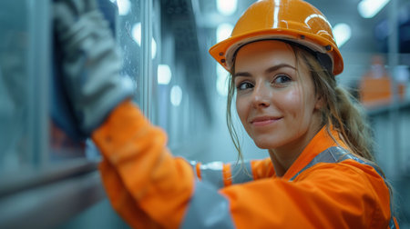 A woman is wearing a hard hat and a yellow safety jacket.の素材