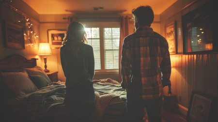 A man and woman standing together in a bedroom.の素材