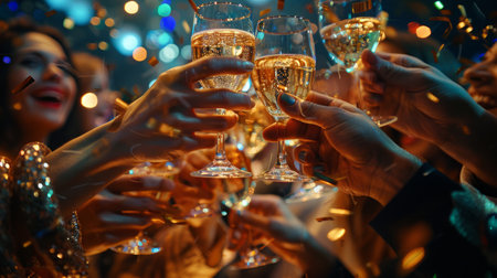 Several individuals are raising champagne glasses in a celebratory toast, clinking the glasses together.の素材