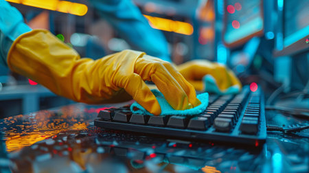 A person wearing gloves is typing on a keyboard, focusing on the task at hand.の素材