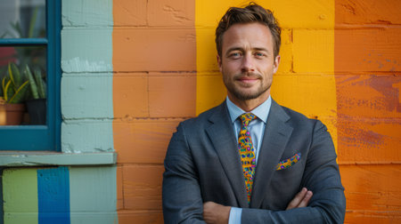 A man wearing a suit and tie smiles warmly.の素材