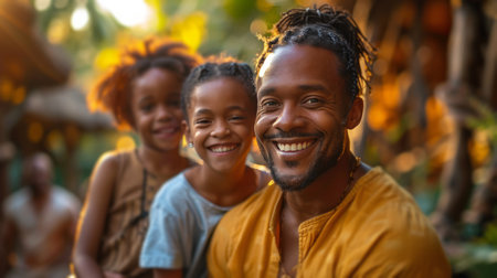A man and two children are happily posing and smiling for a photo.の素材