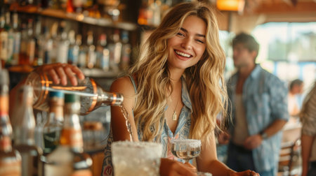 A man and a woman are seated next to each other at a bar, engaged in conversation.の素材