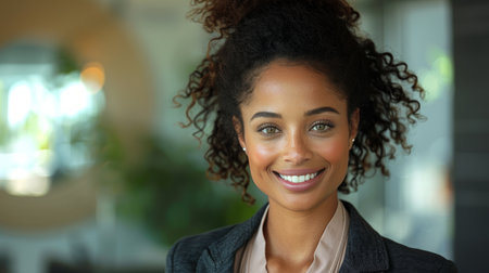 A woman happily poses for a photo in a restaurant, smiling warmly at the camera while enjoying her surroundings.の素材