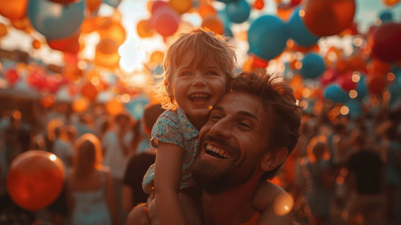 A man is holding a child in his arms, both looking towards the camera.の素材