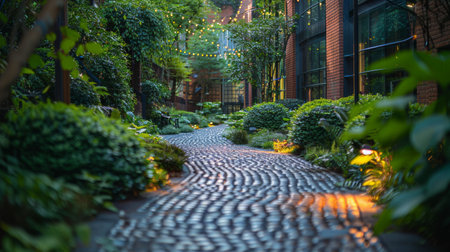 A walkway winds through a garden, leading towards a building in the distance under a clear sky.の素材