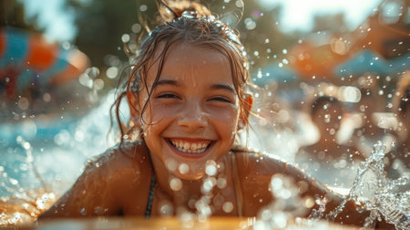 A young girl with a joyful expression splashes and plays in the water.の素材