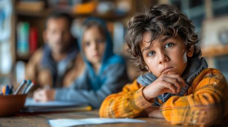 A young boy is sitting at a table with his hands on his chin in a thoughtful pose.の素材