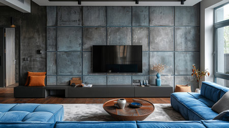 A room with various pieces of furniture including a sofa, coffee table, and a flat screen TV mounted on the wall.の素材