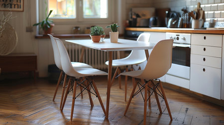 A kitchen featuring a wooden table with chairs around it and a flourishing potted plant on the counter.の素材