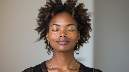A woman standing with her eyes closed and hands clasped in front of her face.の素材