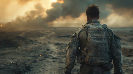 A soldier is standing in front of a large plume of smoke, casting a shadow on the ground.の素材