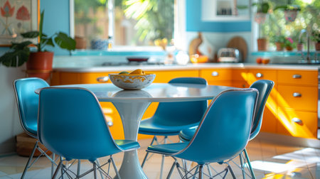 A kitchen featuring a table and chairs placed near a refrigerator.の素材