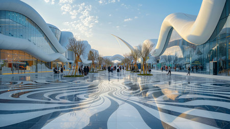 A multi-story building covered in numerous windows and overflowing with lush green plants both inside and outside.の素材