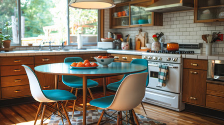 A kitchen featuring a table and chairs placed near a refrigerator.の素材