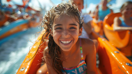 A young girl stands in front of a colorful carnival ride, smiling at the camera with joy and excitement on her face.の素材