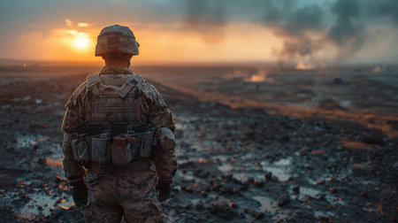 A soldier is standing in front of a large plume of smoke, casting a shadow on the ground.の素材