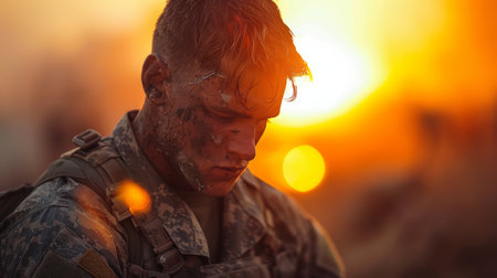 A man dressed in camouflage clothing is focused on his cell phone screen outdoors.の素材