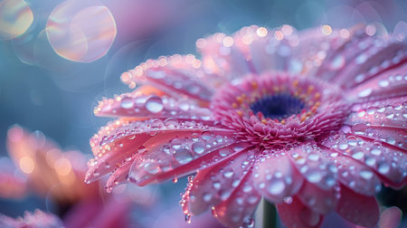 A pink flower covered in water droplets after a rain shower.の素材