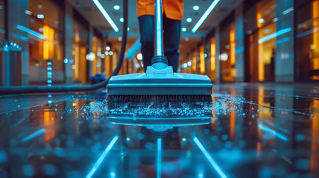 A person is actively cleaning the floor with a mop, scrubbing away dirt and grime to maintain cleanliness.の素材