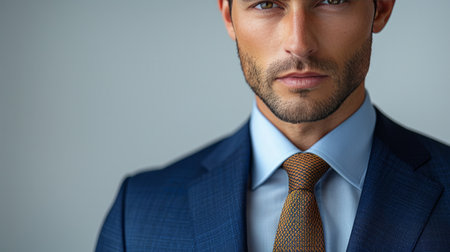 A man is featured in the image wearing a tailored blue suit and a matching blue tie, exuding professionalism and elegance.の素材