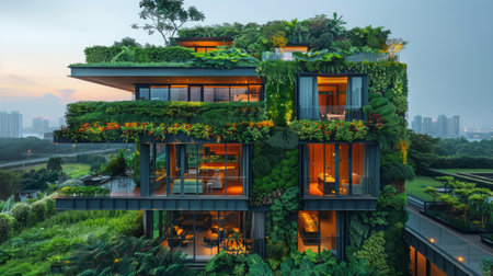 A tall building adorned with a variety of green plants thriving on its exterior, creating a unique and vibrant urban landscape.の素材