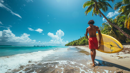 A man carrying a surfboard walks along the sandy beach with waves in the background.の素材