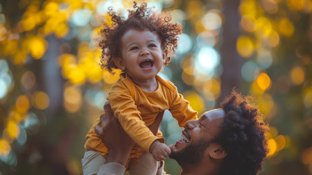 A man lifting a baby towards his face, showing love and affection in a tender moment.の素材