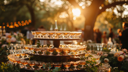 A table is filled with numerous glasses, each containing a different type of wine, creating an inviting display.の素材
