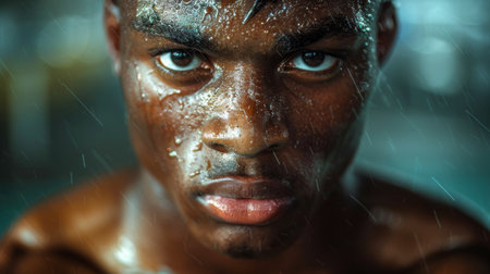 Close-up of a man with a wet face, likely from water splashing or intense sweating. The droplets on his skin emphasize the moisture.の素材