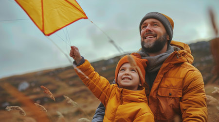 A man and a child are flying a kite in an open field under a clear blue sky.の素材