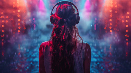A woman wearing headphones is standing in front of a large crowd, likely at a concert or public event.の素材