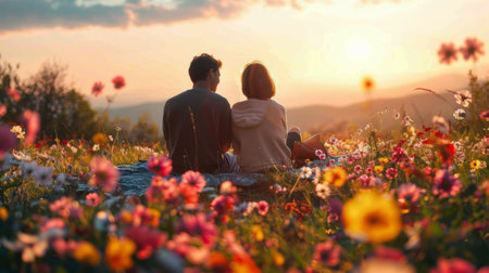 A man and woman are seated in a colorful field of flowers, surrounded by blooms of various shades. They appear and relaxed content as they enjoy the natural setting.の素材