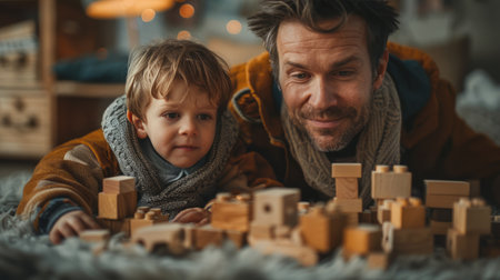 A man and child are playing together with wooden blocks, building structures and exploring creativity.の素材