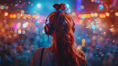 A woman wearing headphones is standing in front of a large crowd, likely at a concert or public event.の素材