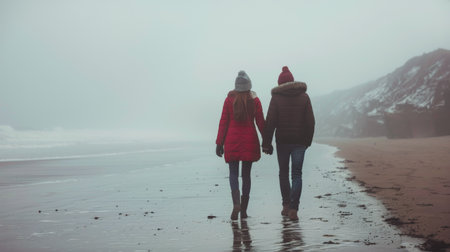 Two individuals walking hand in hand along a sandy beach with waves crashing in the background.の素材